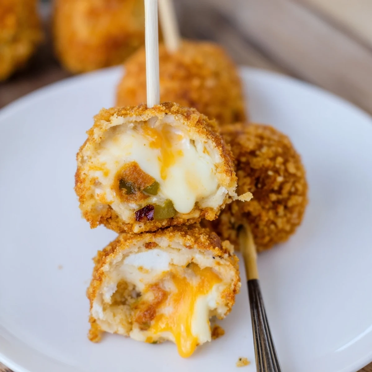 Cheesy Spicy Pretzel Pancake Pops served on a plate, drizzled with ranch dip.