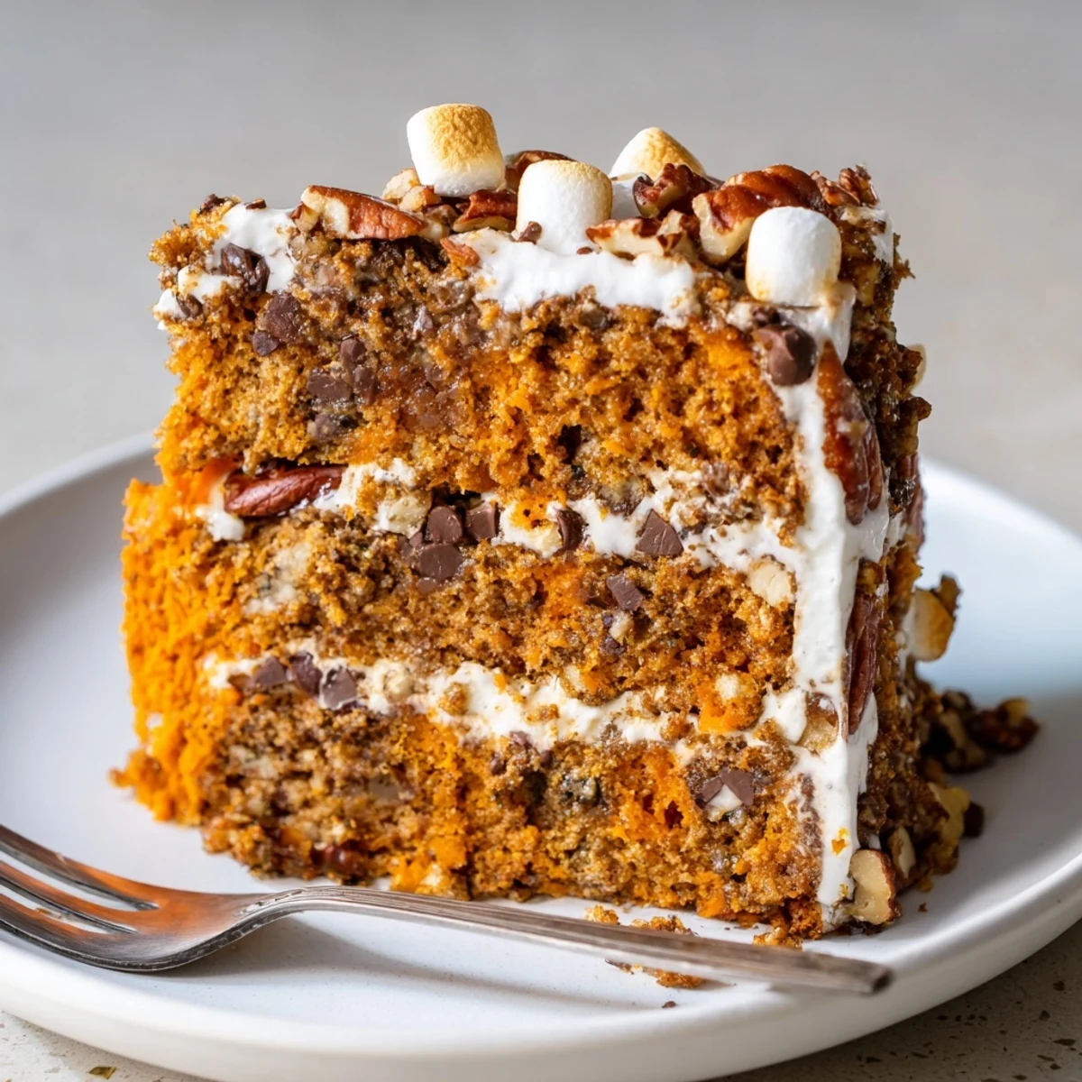 Moist Cinnamon Sweet Potato Chaos Cake topped with mini marshmallows and nuts.  