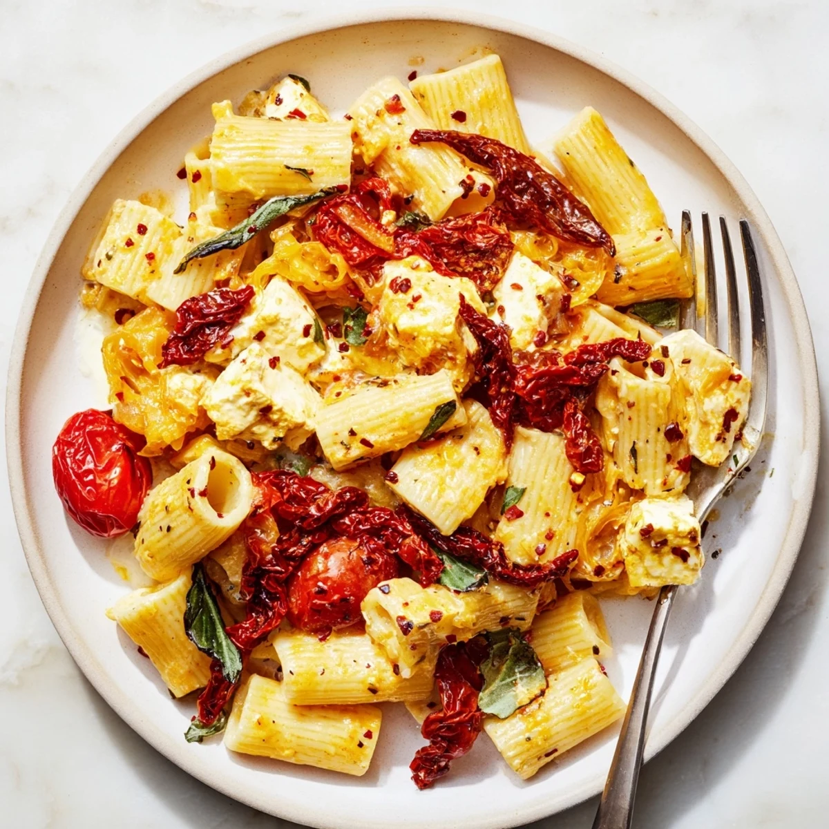 Creamy Baked Feta Pasta with burst tomatoes and caramelized onions served warm.  