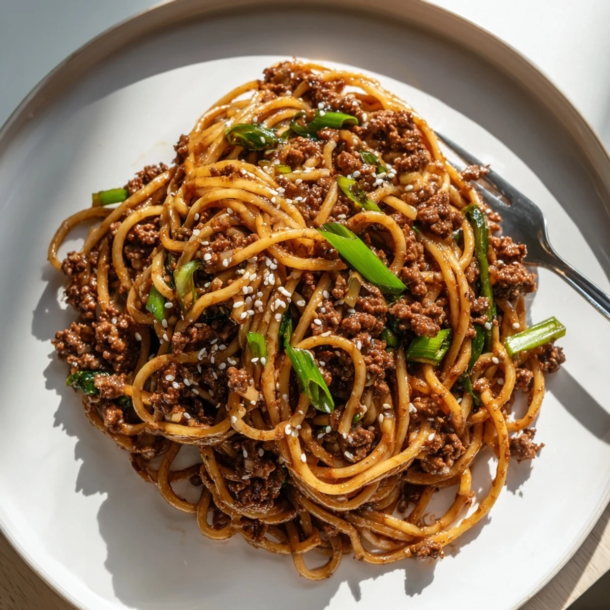 Deliciously spicy honey garlic beef spaghetti topped with fresh green onions and sesame seeds.  