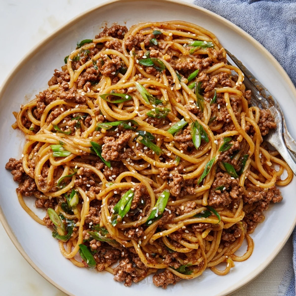 A comforting bowl of spicy honey garlic beef spaghetti, bursting with flavor and sweetness.  