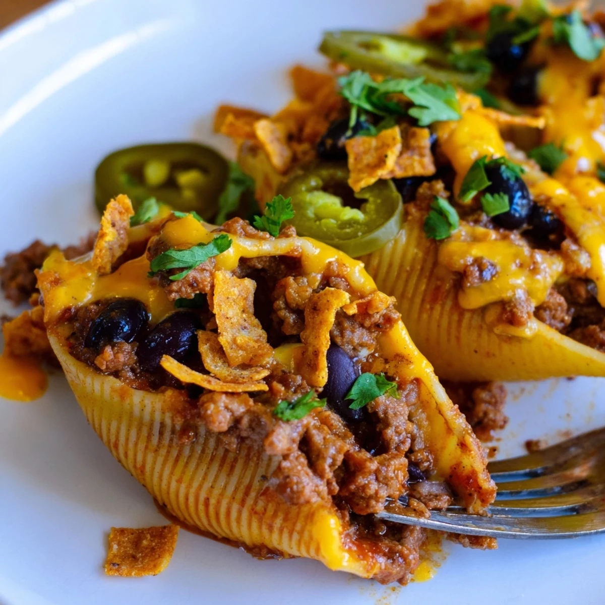 Tex-Mex Taco Stuffed Shells topped with creamy nacho cheese and crunchy Doritos.  