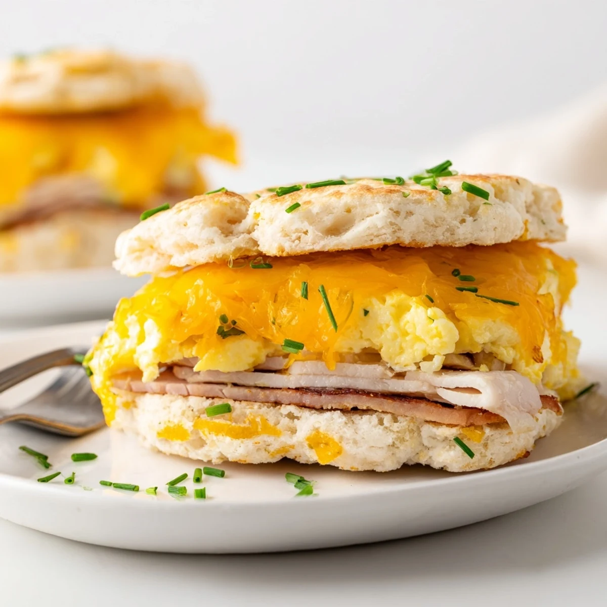 Fluffy cloud bread breakfast sandwich loaded with savory eggs and melted cheese.  