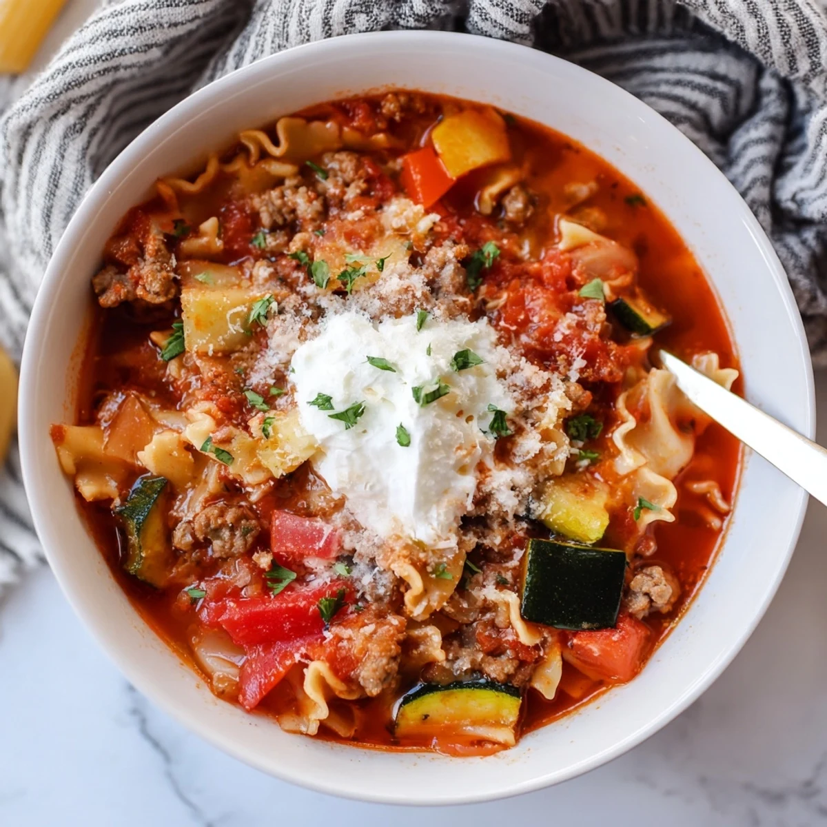 A comforting bowl of Sausage Lasagna Soup topped with creamy ricotta and herbs.  