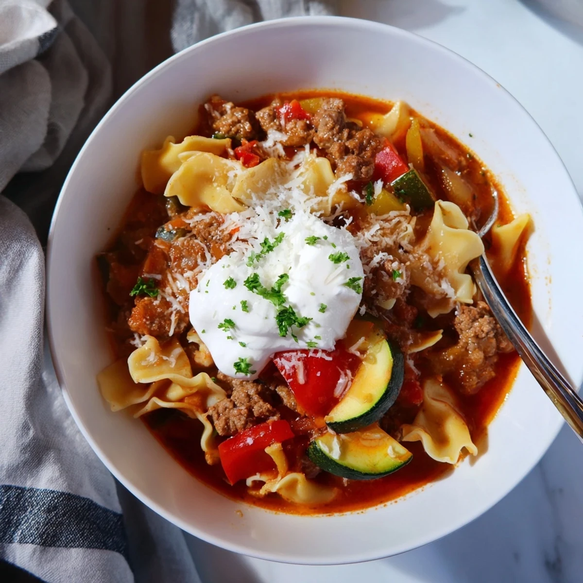 Vibrant Sausage Lasagna Soup simmering with savory sausage and melty mozzarella cheese.  