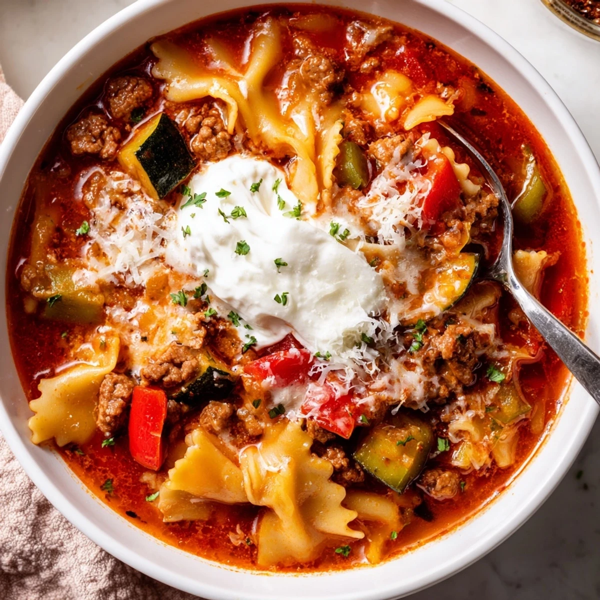 Hearty Sausage Lasagna Soup brimming with rich tomato broth and tender pasta pieces.
