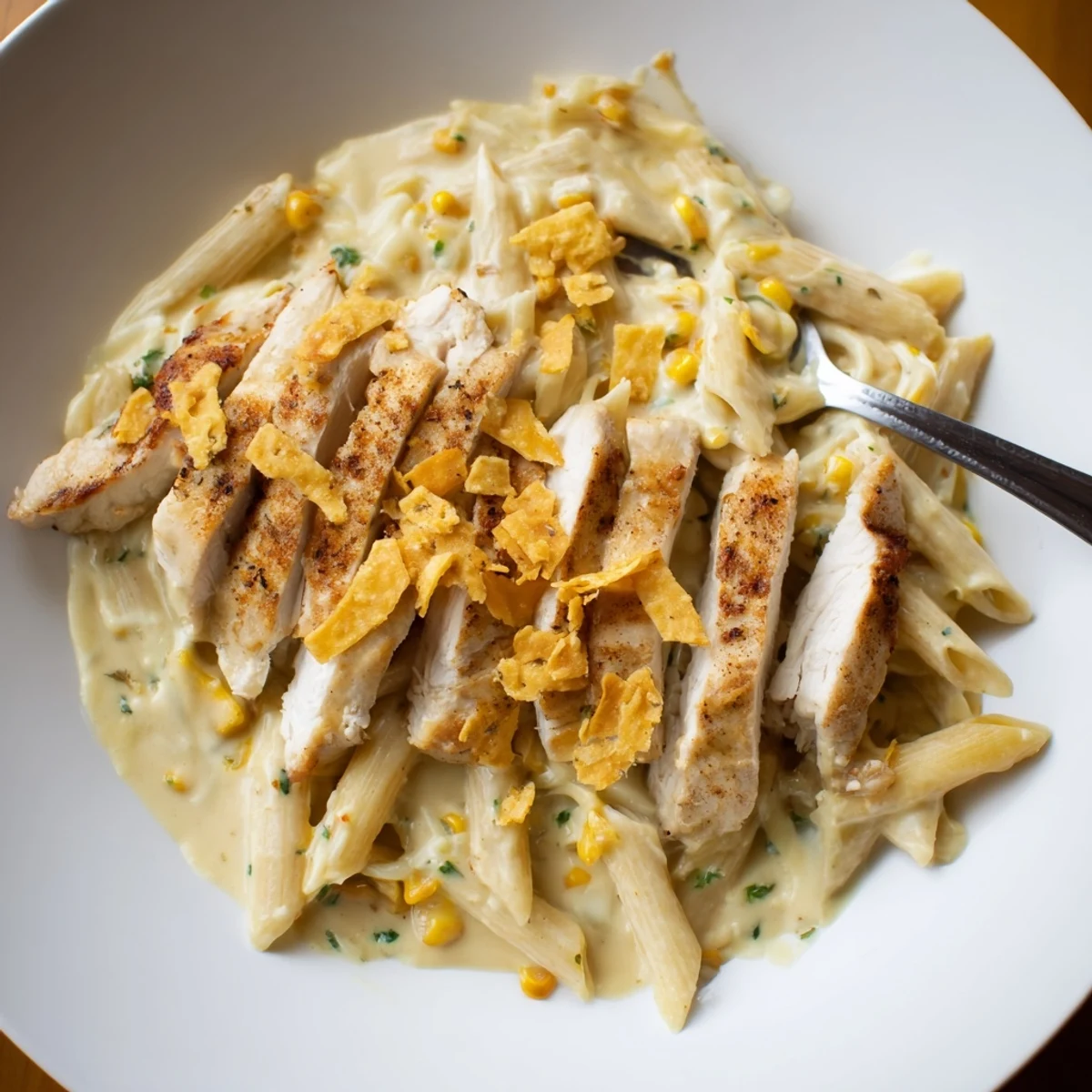Creamy Cajun Chicken Alfredo with roasted corn, topped with crunchy tortilla chips.  