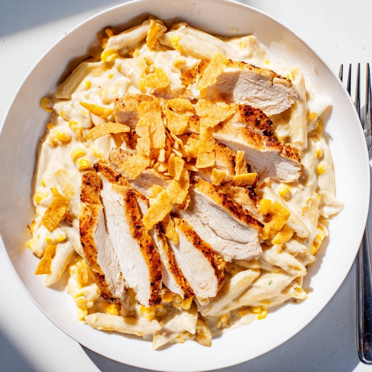 Satisfying Creamy Cajun Chicken Alfredo, garnished with fresh parsley and crispy chips.