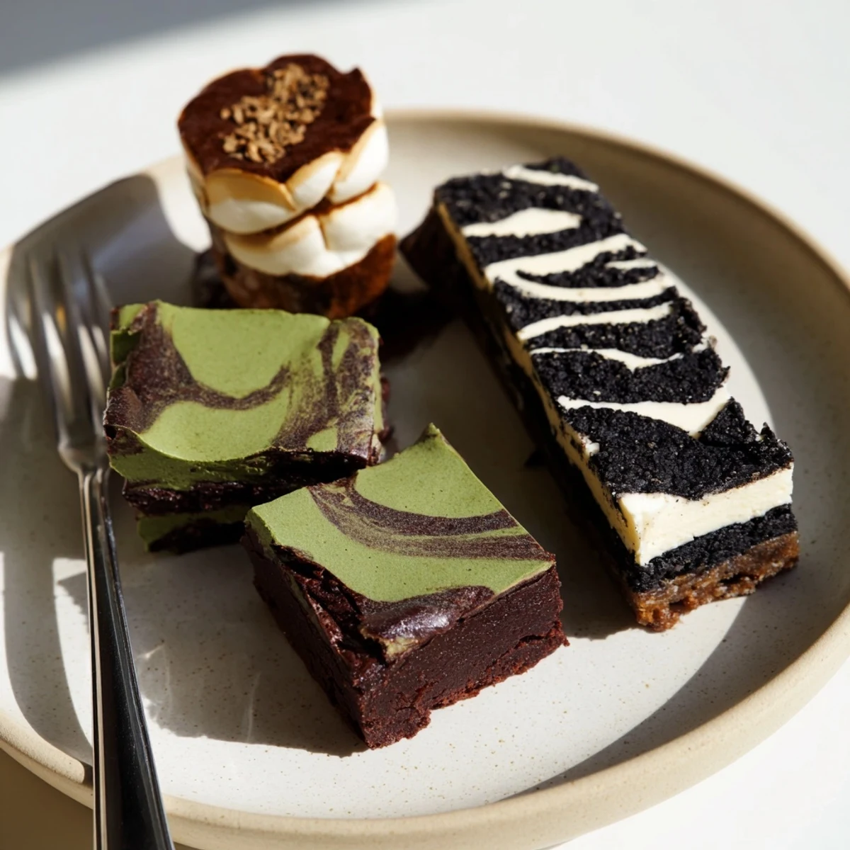 Indulge in these tempting Global Dessert Mash-Ups, featuring vibrant matcha-miso brownies and more.  