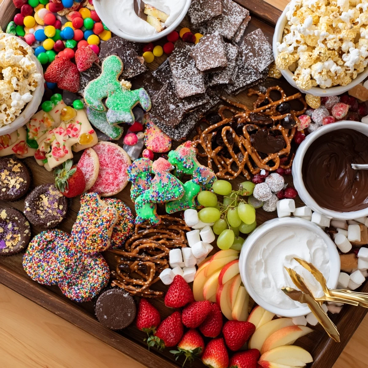 A beautifully arranged dessert board with cookies, fruits, and themed snacks.  