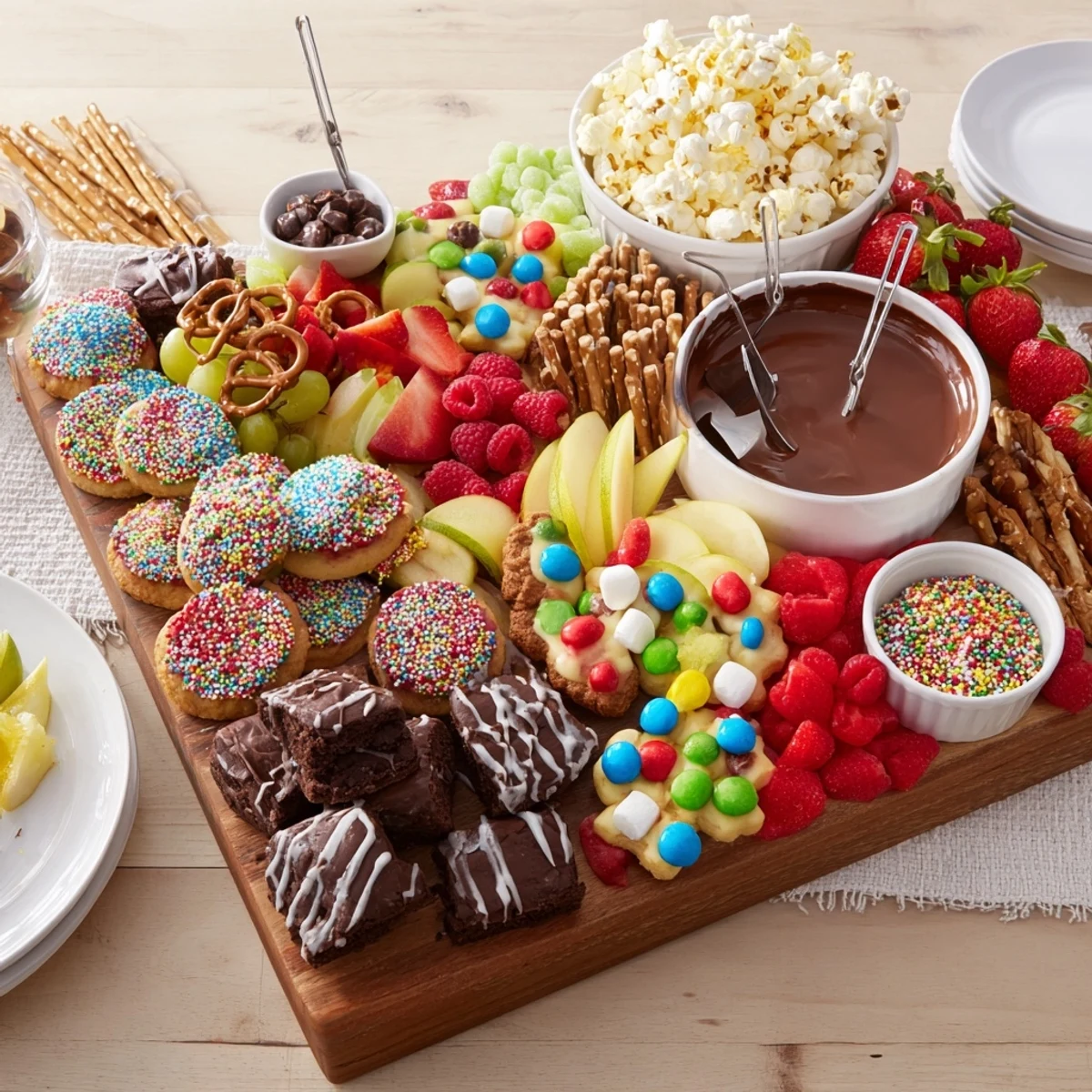 Colorful dessert board featuring festive treats and chocolate-dipped pretzels for sharing.  