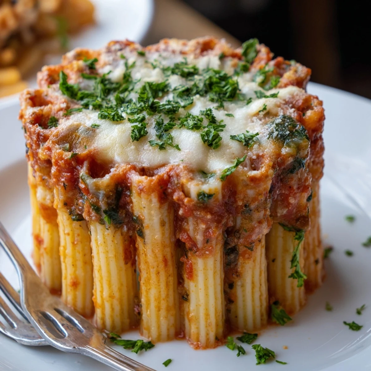Mouthwatering Honeycomb Pasta Cake garnished with parsley, perfect for sharing with friends.