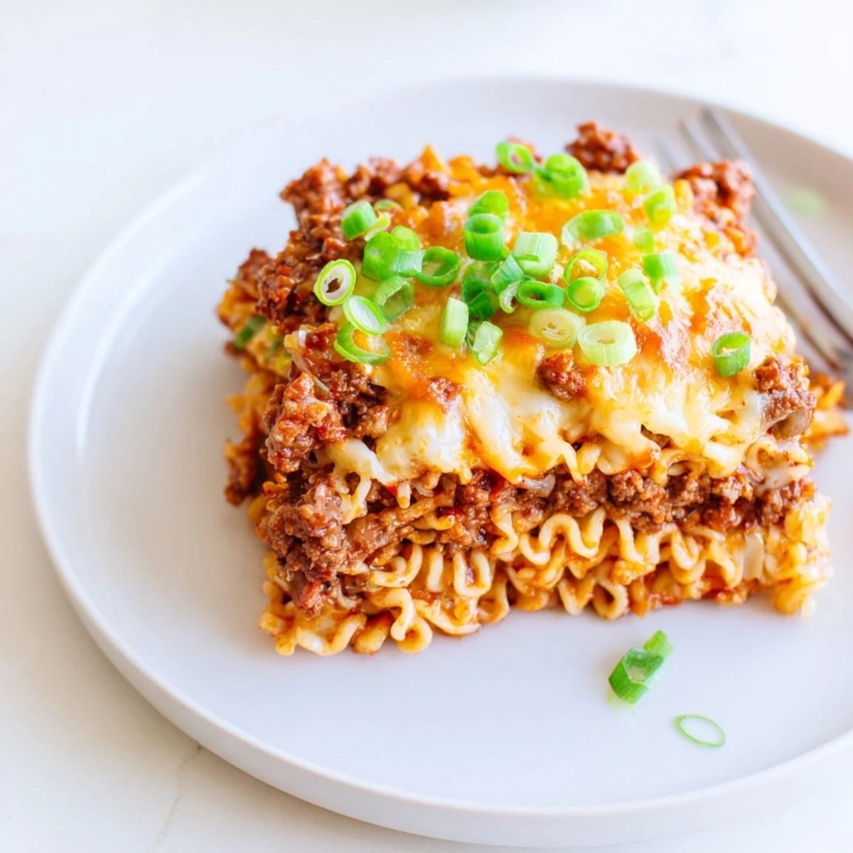 Spicy Ramen Lasagna baked golden brown, layered with meat sauce and cheese.  