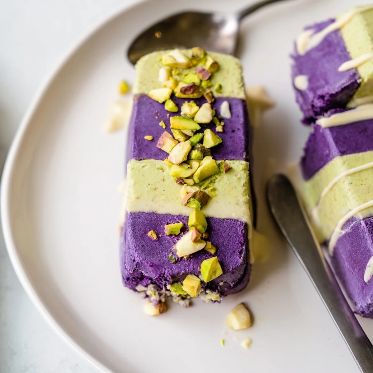Creamy ube and pistachio ice cream bars adorned with vibrant toppings.  