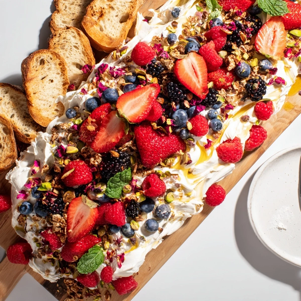 Indulgent butter board dessert presented with toasted bread and drizzled honey.