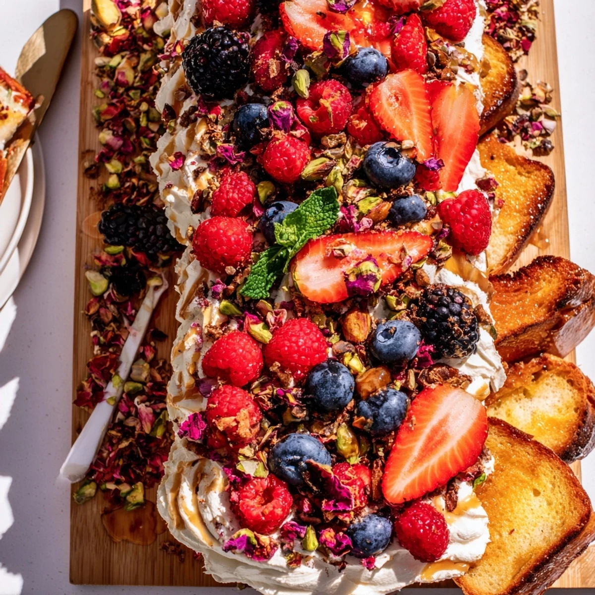 Creamy butter board dessert featuring fresh berries and whipped cream cheese delight.  