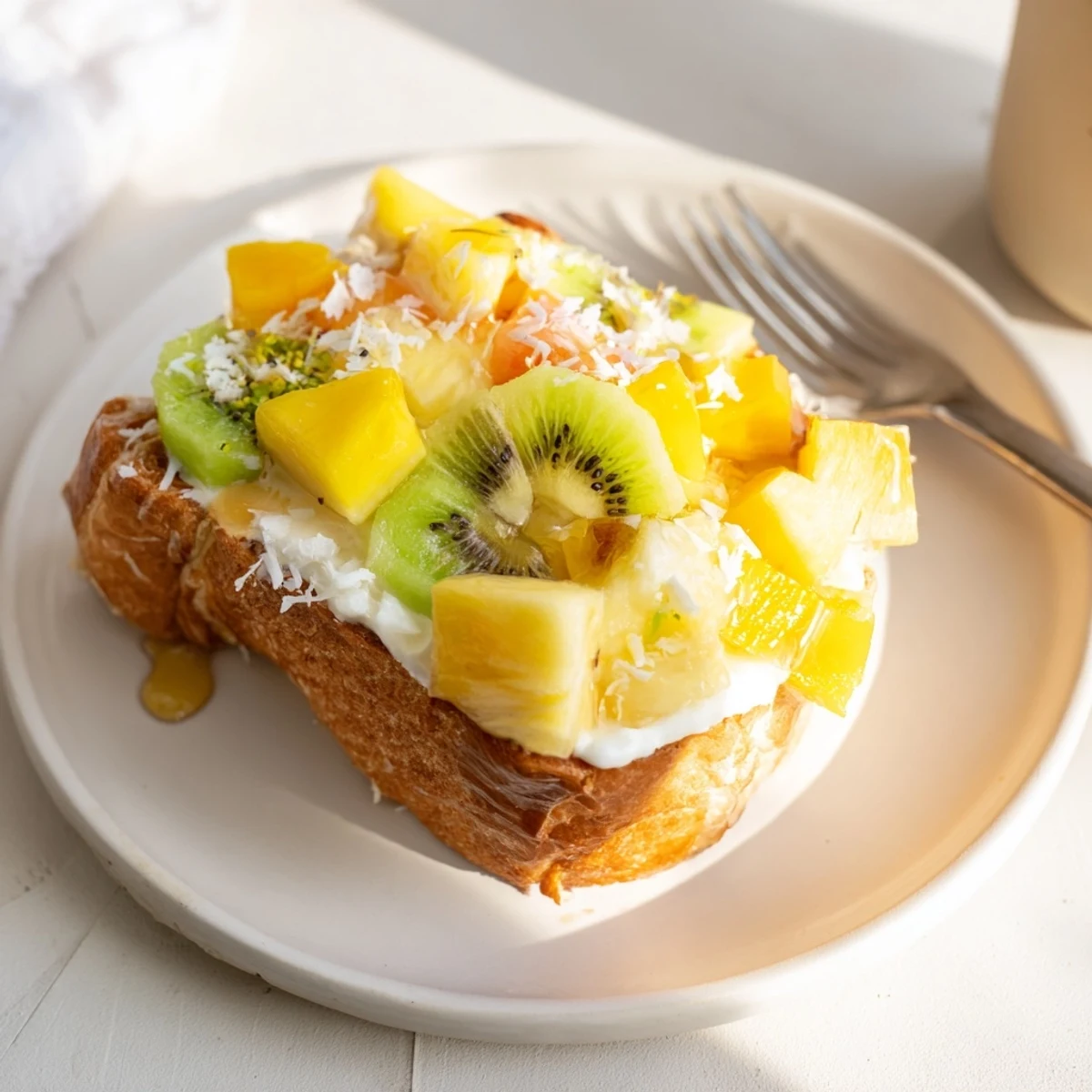 Delicious Yogurt-Custard Toast topped with tropical fruits and coconut shreds.  