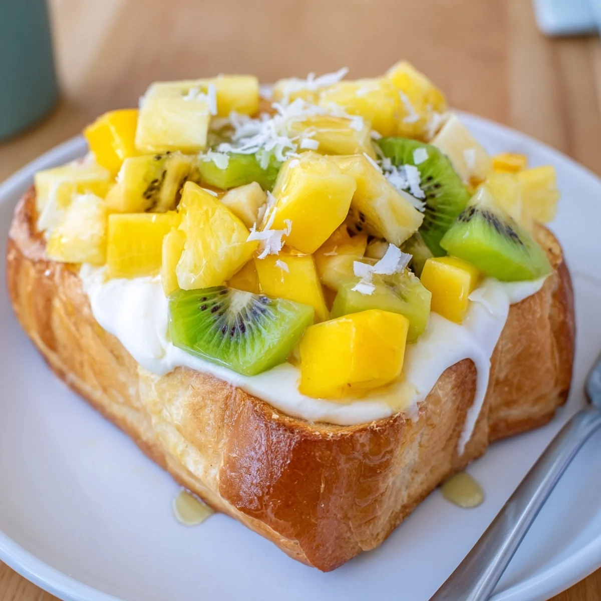 Vibrant Yogurt-Custard Toast drizzled with honey and layered with fresh mango.  