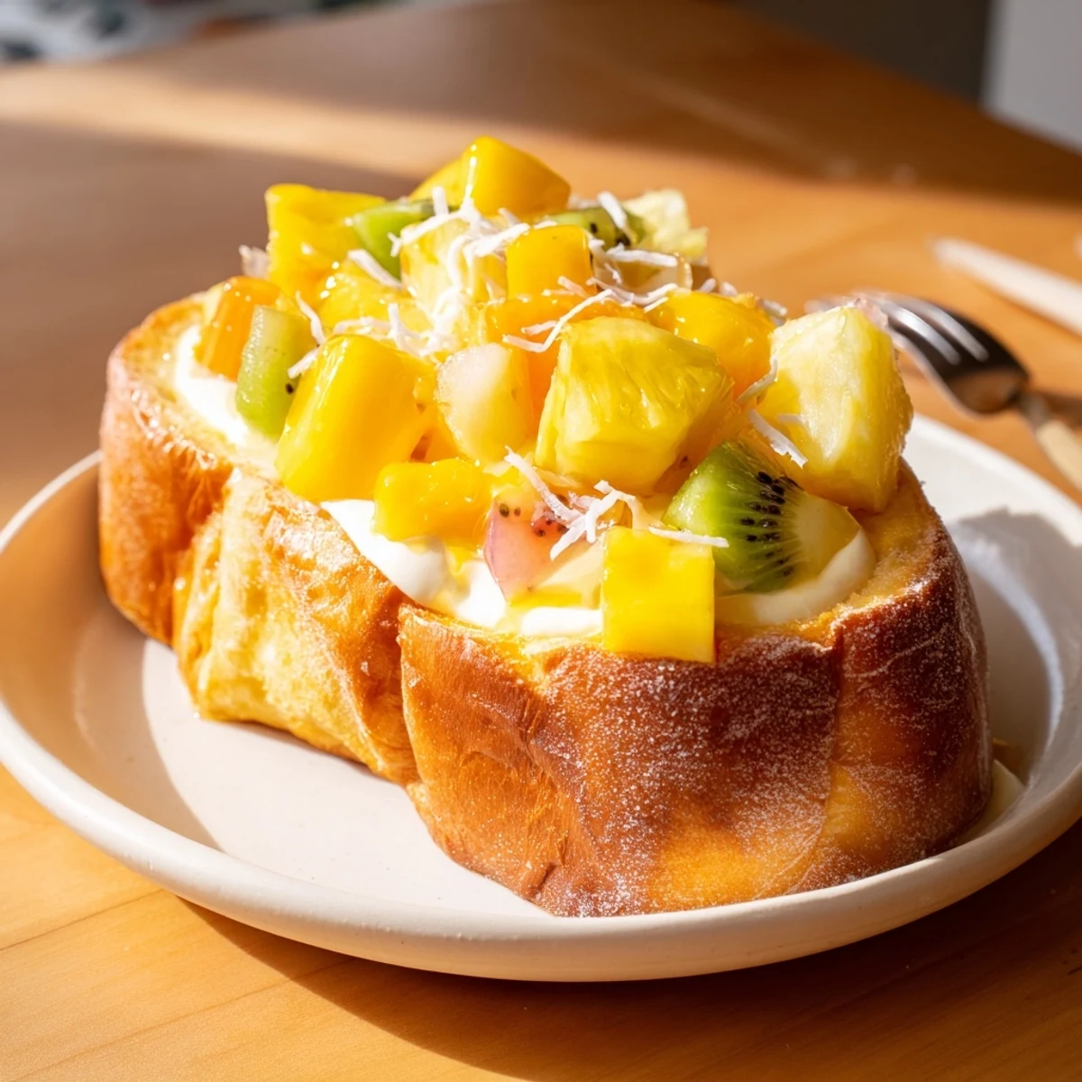 Creamy Yogurt-Custard Toast, ideal for brunch with juicy kiwi and pineapple.
