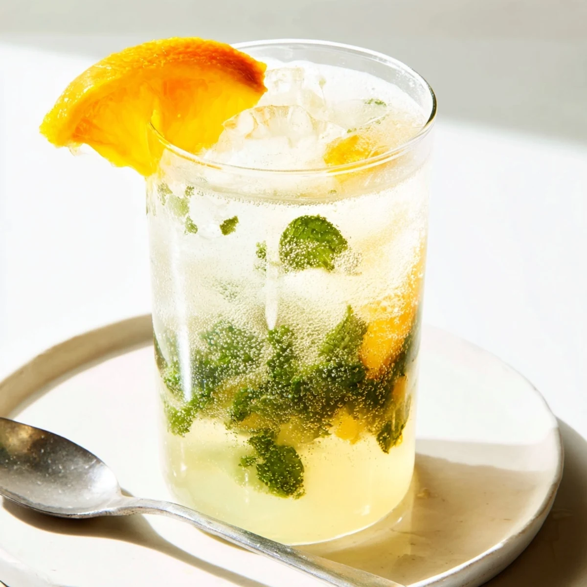 A vibrant Probiotic Soda Mocktail with fresh citrus and mint on ice.  