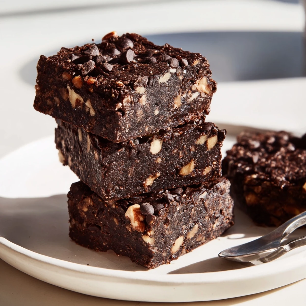 Fudgy Zero-Waste Brownies using nut-milk pulp, topped with chocolate chips, and served warm.  