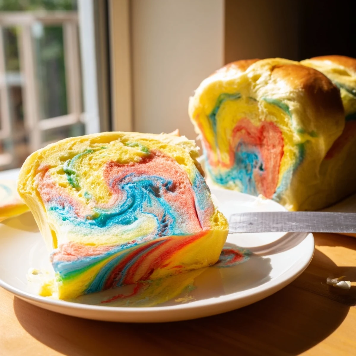 Light and fluffy cloud bread rainbow version served with fresh berries for breakfast.  
