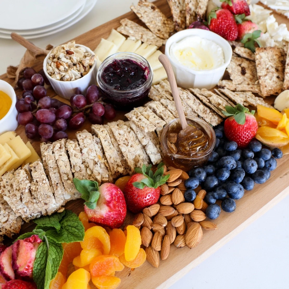 A colorful jam-infused brunch board featuring fresh fruits and artisan cheeses.  