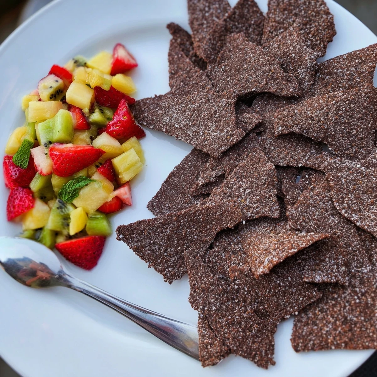 Crispy chocolate tortilla chips served with refreshing fruit salsa for dessert delight.  
