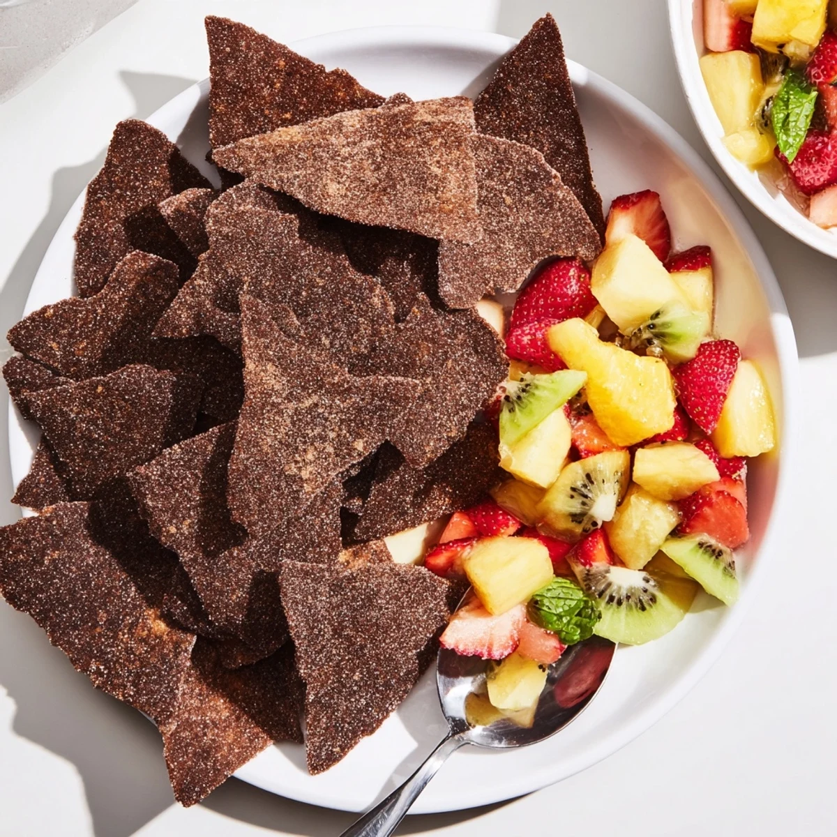 Sweet chocolate tortilla chips paired with colorful fruit salsa, perfect for any gathering.