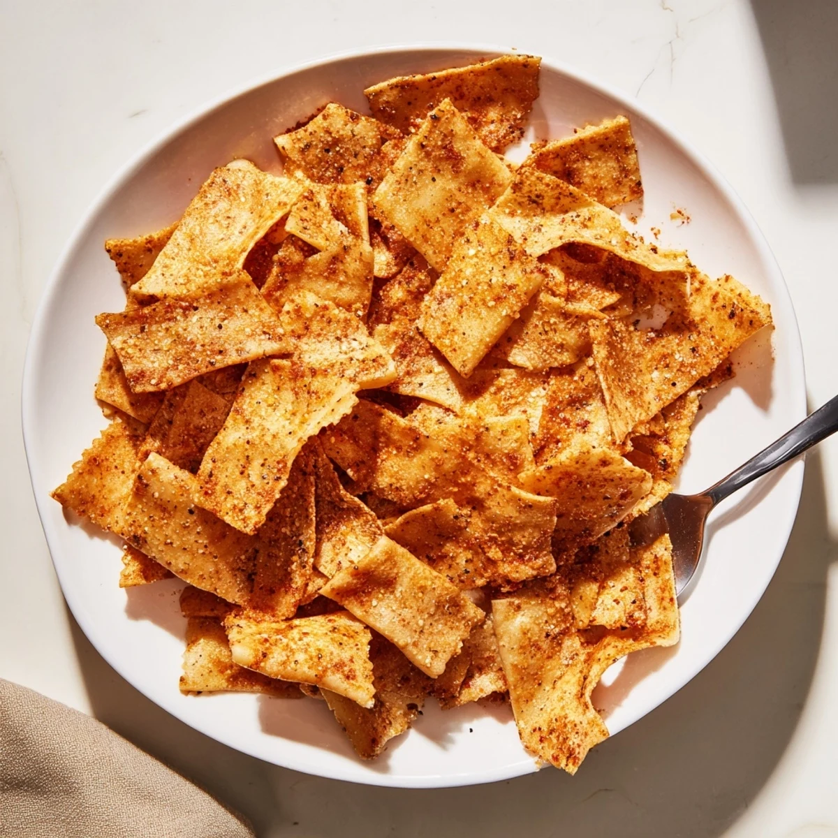 Crispy pasta chips seasoned with garlic and smoked paprika for delightful snacking.  