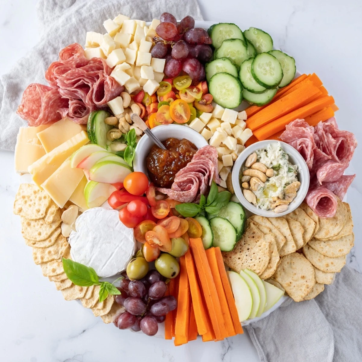 Casual and colorful, this Girl Dinner Platter showcases an array of tasty snacks.  