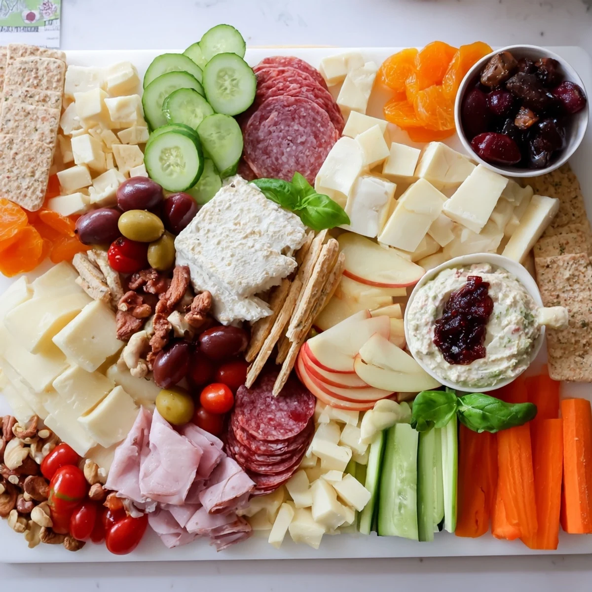 A vibrant Girl Dinner Platter filled with fresh fruits, cheeses, and dips.  