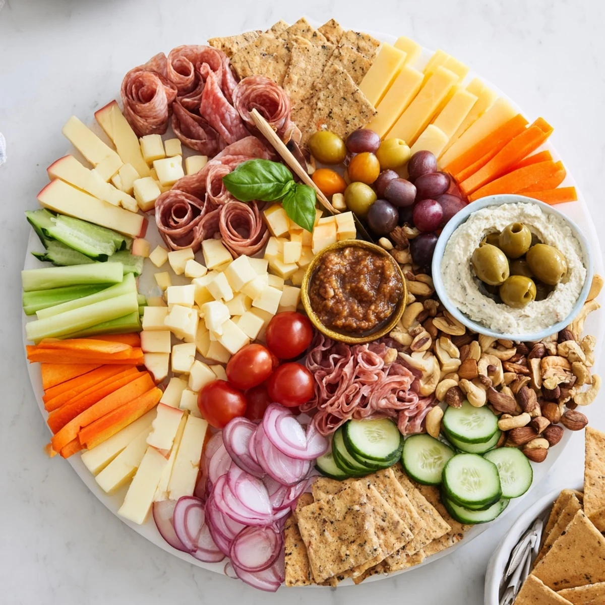 Delightful Girl Dinner Platter featuring assorted cheeses, veggies, and flavorful spreads.