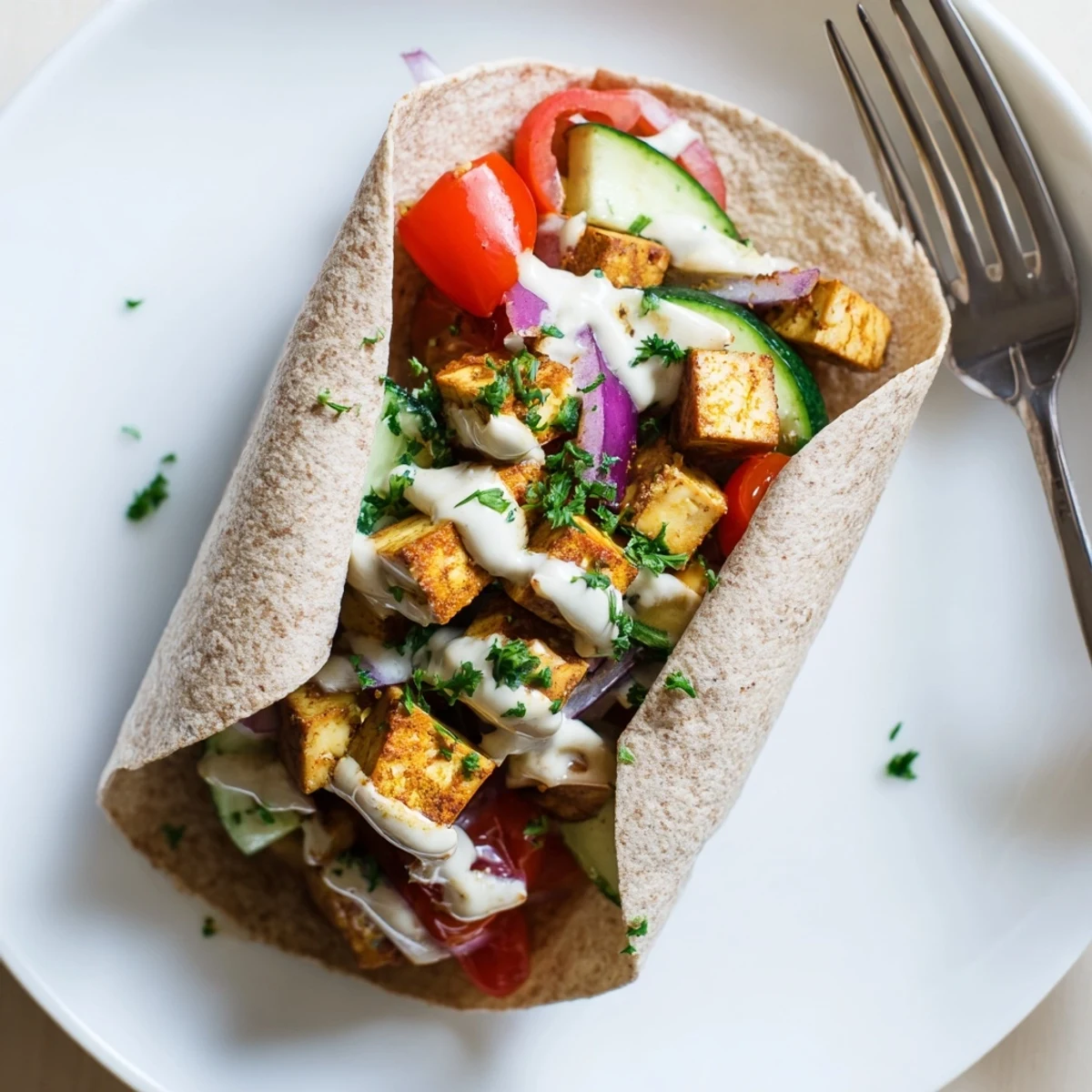 Savory Vegan Viral Recipe Re-make featuring marinated tofu and fresh parsley garnish.