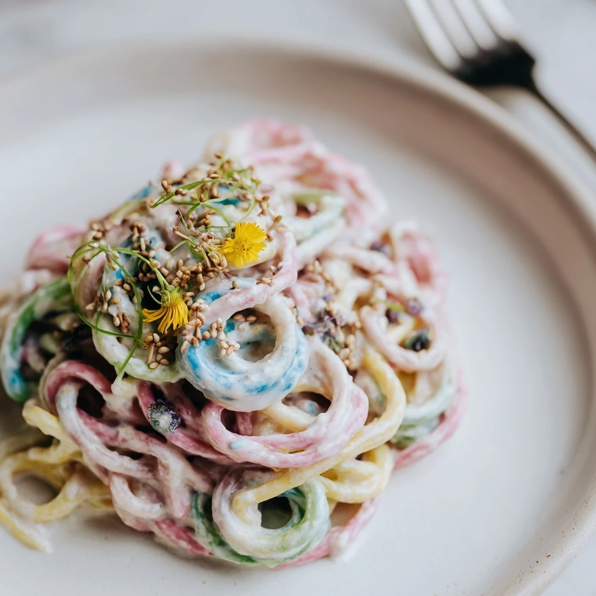 A whimsical Neon Noodle Cloud dish topped with vibrant edible flowers and sesame seeds.