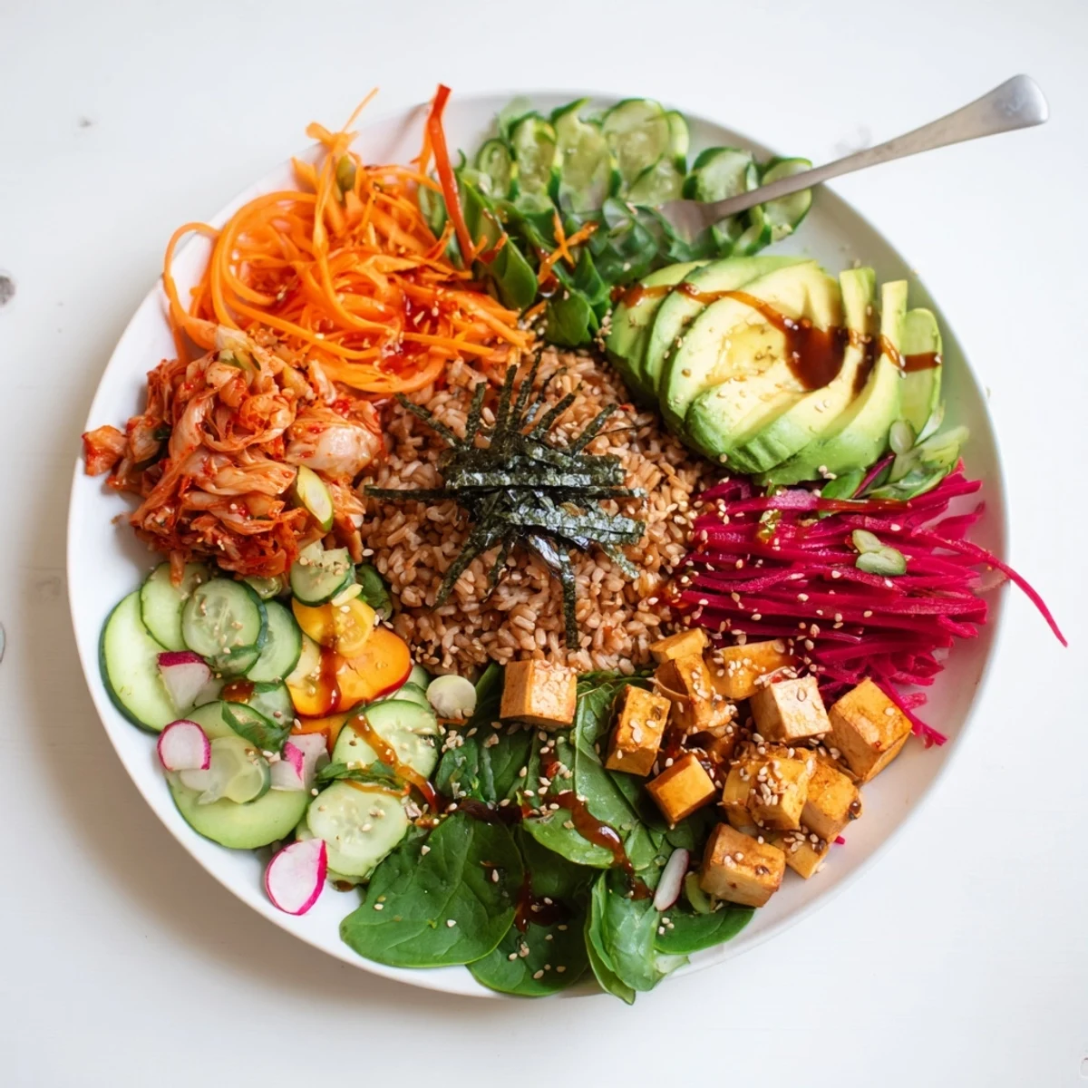 A colorful Fermented Vegetable Bowl topped with fresh veggies and kimchi delights the senses.  