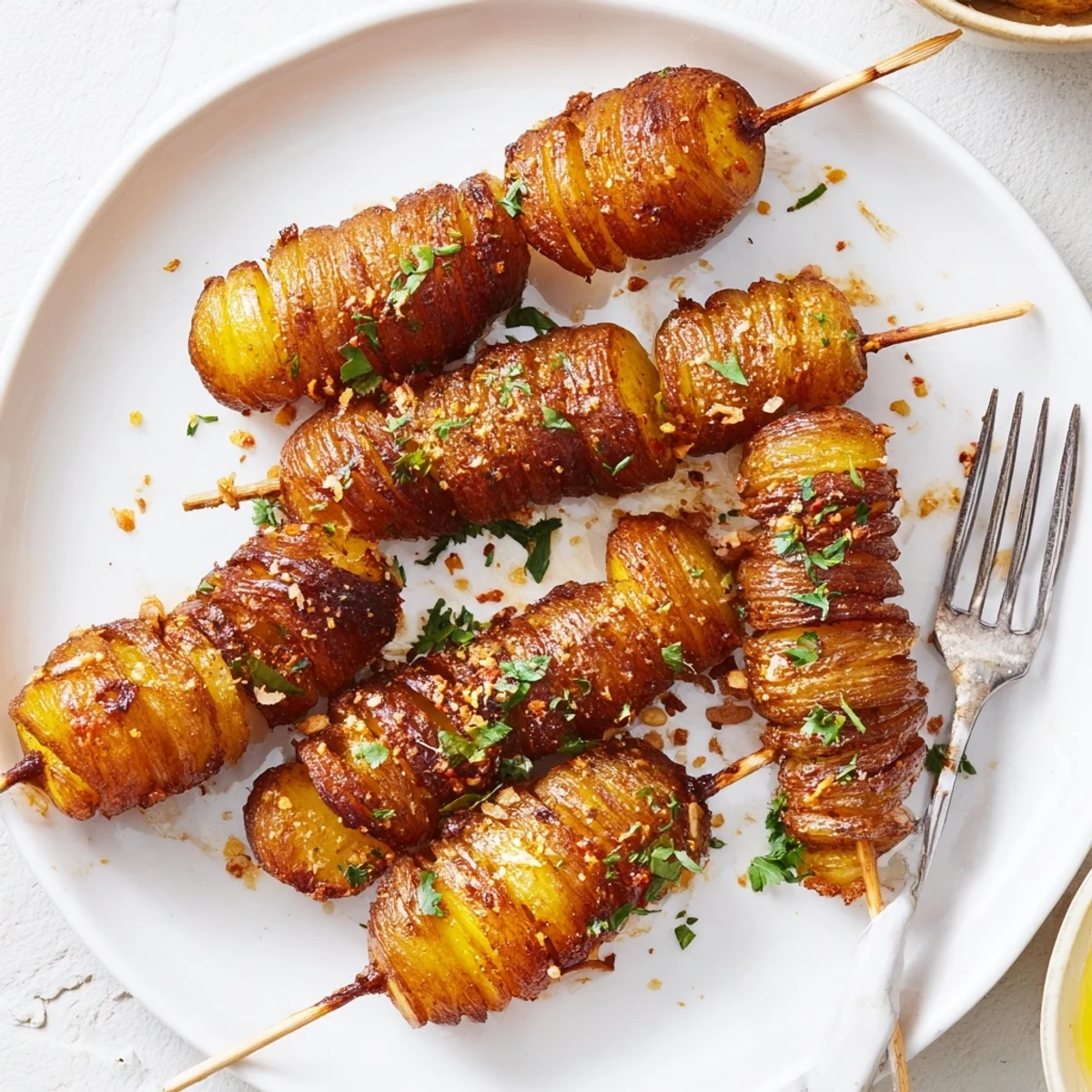 Crispy air-fryer tornado potatoes on skewers, seasoned, and ready to serve.