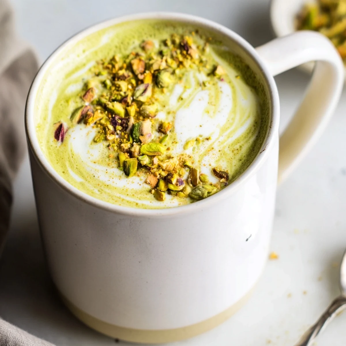 Homemade pistachio milk latte served warm, accentuating its rich nutty flavors.  