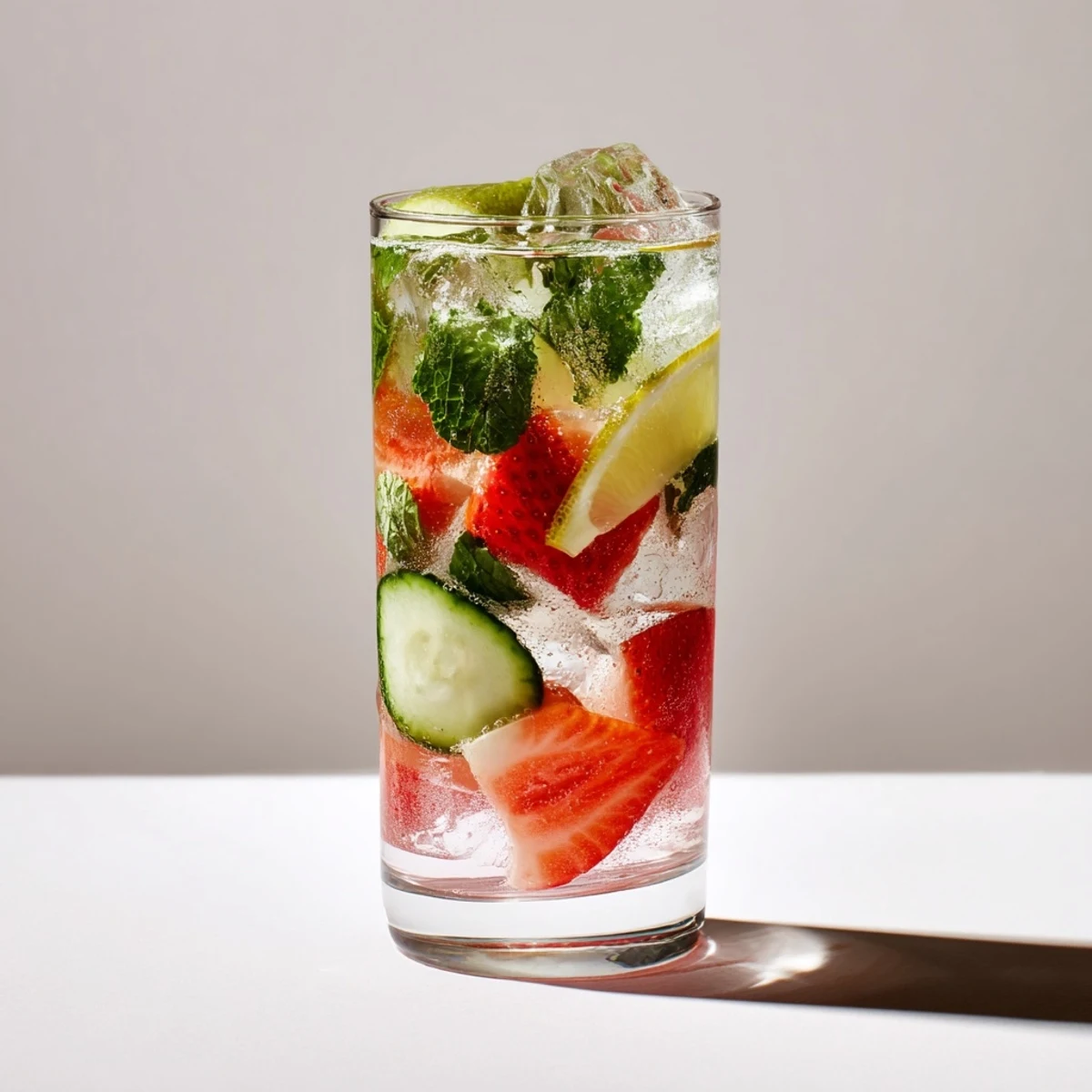 Bright lemon and strawberry mocktails garnished with mint, a delicious healthy drink.