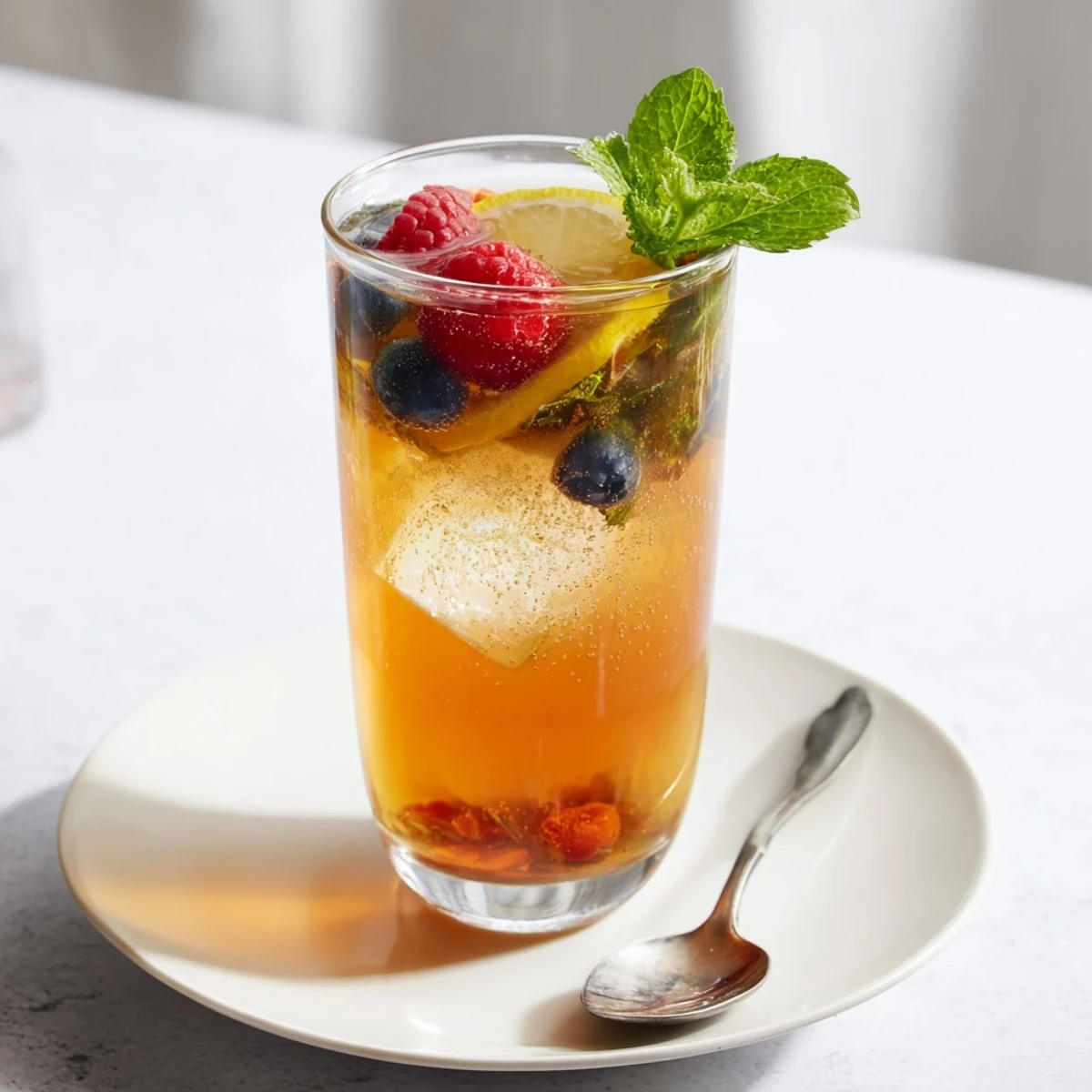 Refreshing fermented drinks: Kombucha-style mocktails with vibrant berries and mint.  