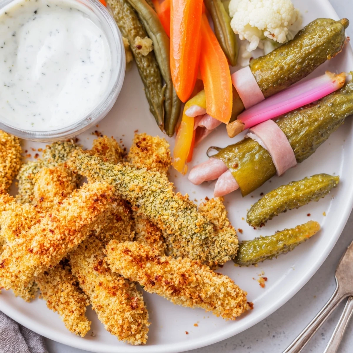 Crispy fried pickles with tangy ranch dip, perfect for pickle lovers meal.  