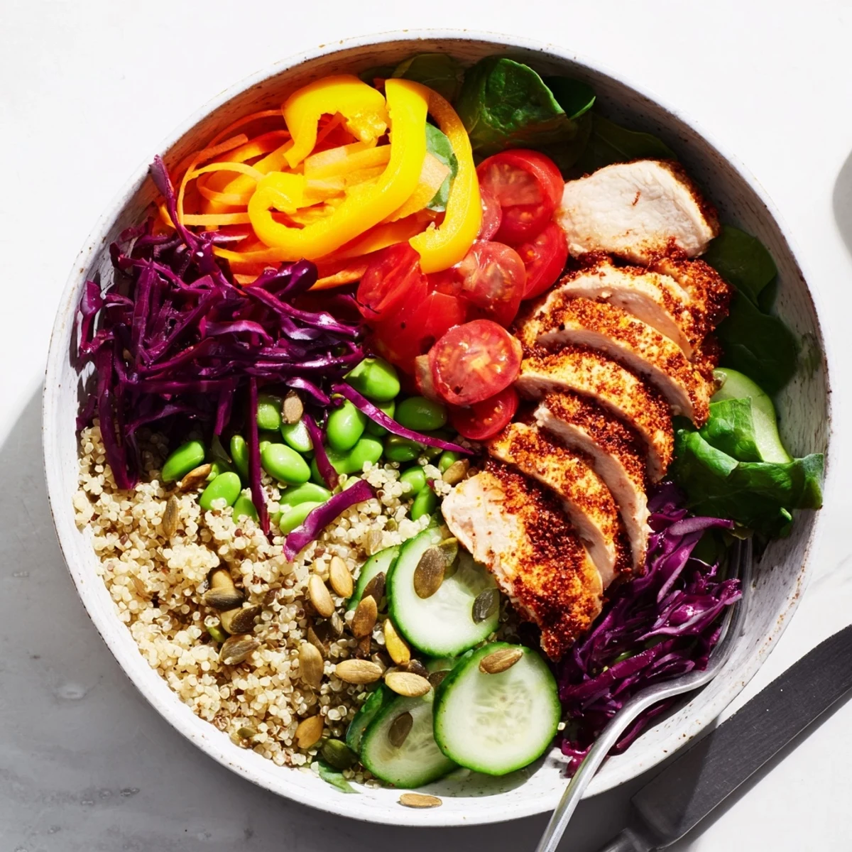 Vibrant Healthy Meal-Prep Bowls featuring grilled chicken and zesty dressing for tasty nourishment.  
