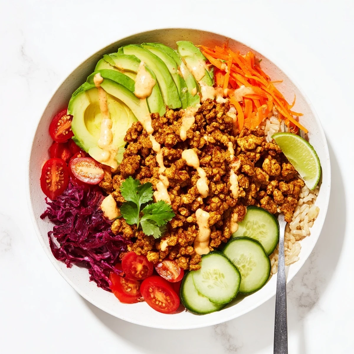 Colorful dish of plant-based meat bowl with creamy avocado and crunchy veggies.  