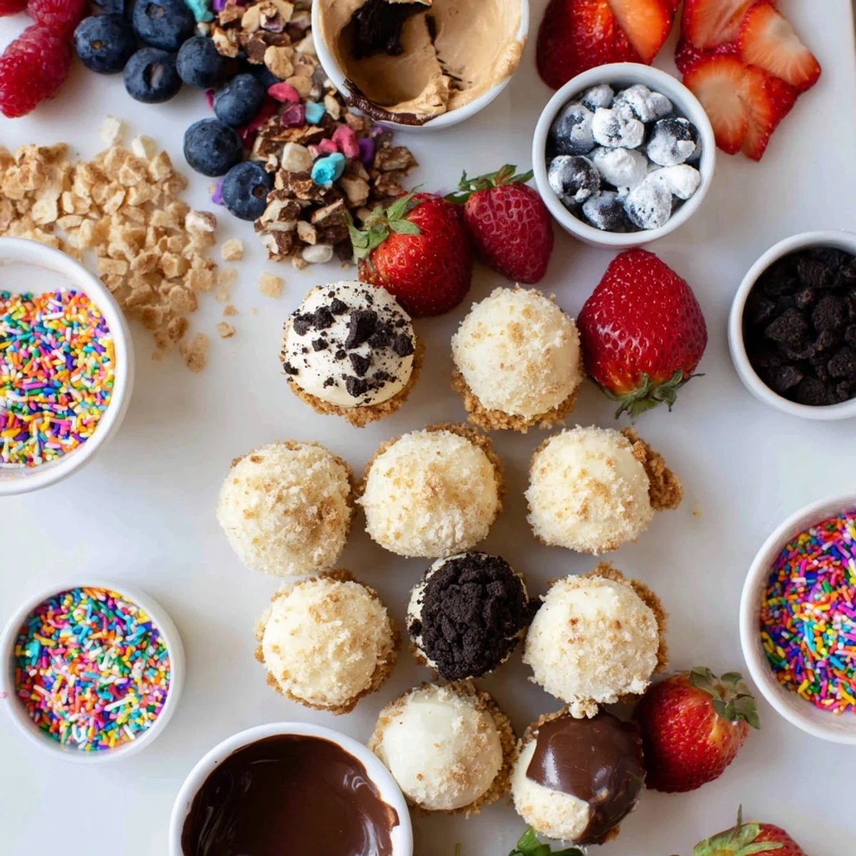 Decadent cheesecake bites sit on a platter, surrounded by vibrant toppings.