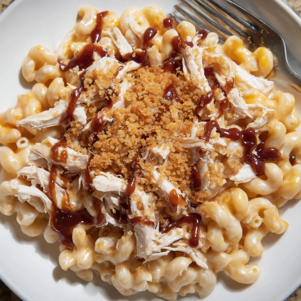 Creamy classic mac & cheese topped with smoky BBQ chicken and crunchy panko.  