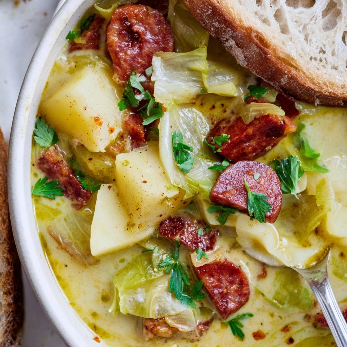Creamy Potato, Leek & Chorizo Soup bowl topped with fresh parsley and crusty bread.  