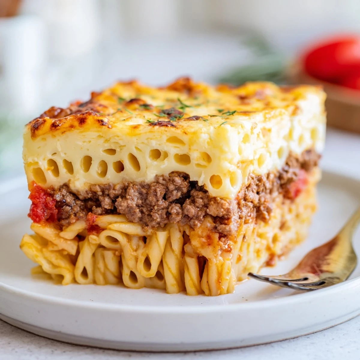 Golden layers of creamy béchamel and pasta create a delicious Greek Pastitsio delight.  