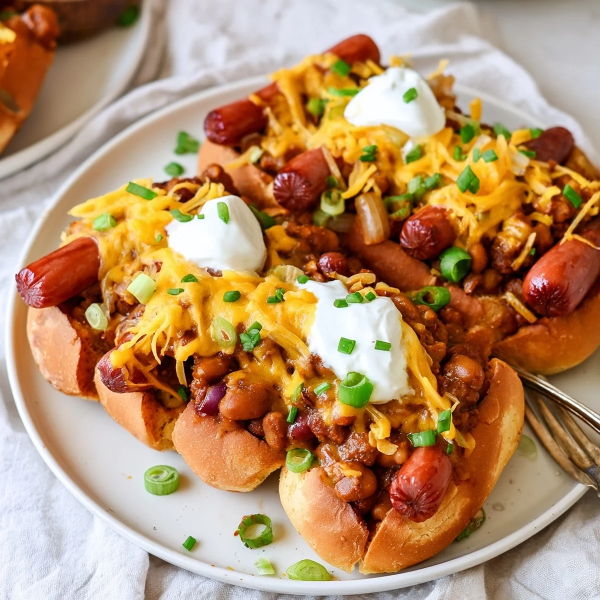 Warm, savory Chili Dog Casserole topped with melted cheese and fresh chives for flavor.  