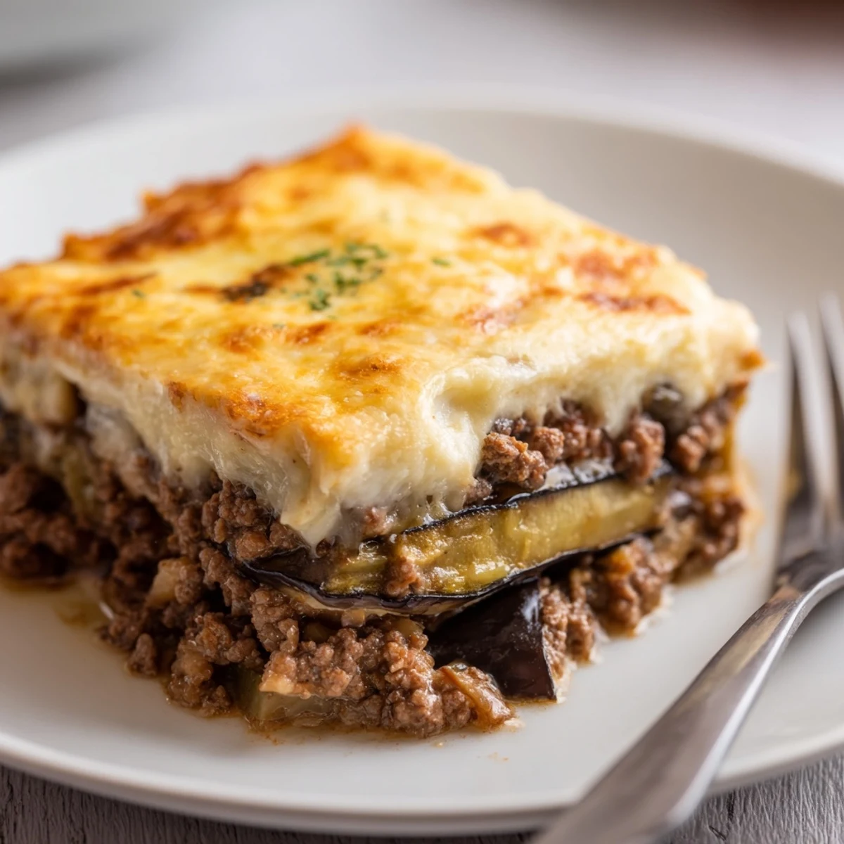Classic Moussaka with beef and eggplant, topped with creamy béchamel sauce. 