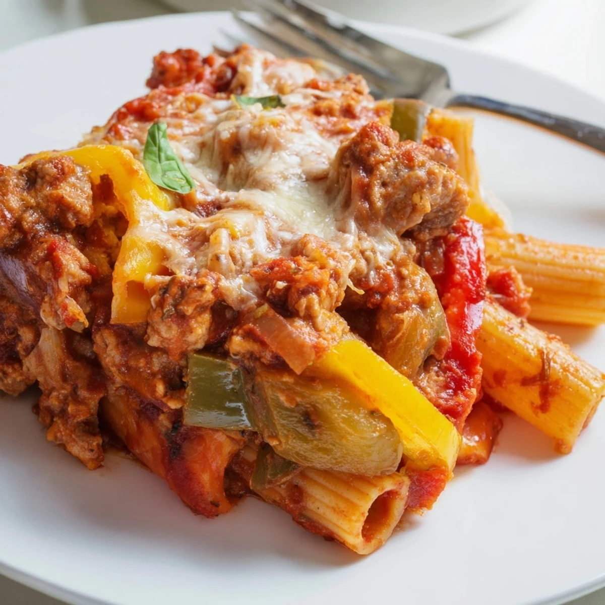 A comforting baked rigatoni with sausage and peppers, perfect for family dinners.